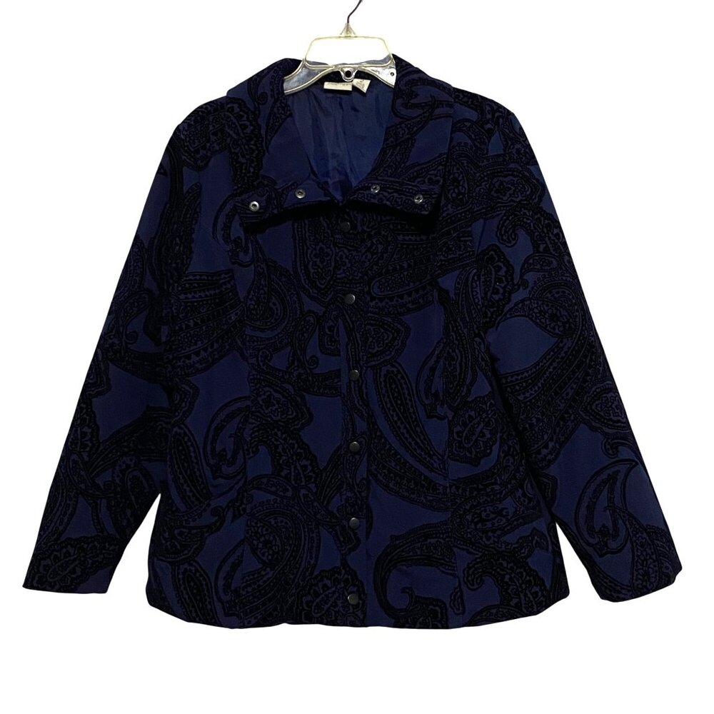 Chicos Zenergy Velvet Burnout‎ Jacket Blazer Size 12 Blue Whimsigoth Paisley